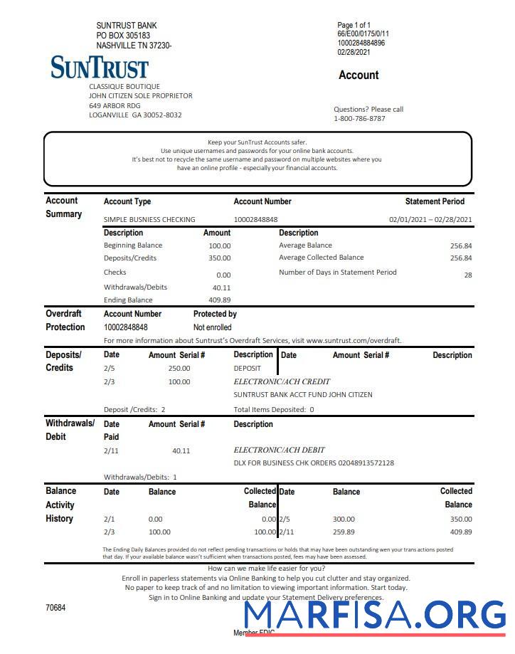 Realistic USA Georgia SunTrust bank statement excel example